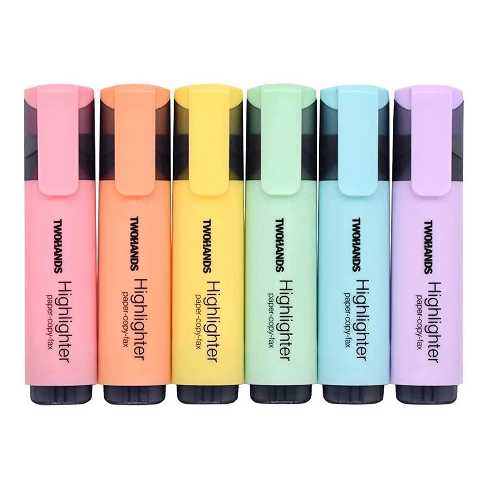  TWOHANDS Highlighter Chisel Tip Marker Pens 6 Assorted Pastel Colors Large Ink Capacity H2007 — product photo