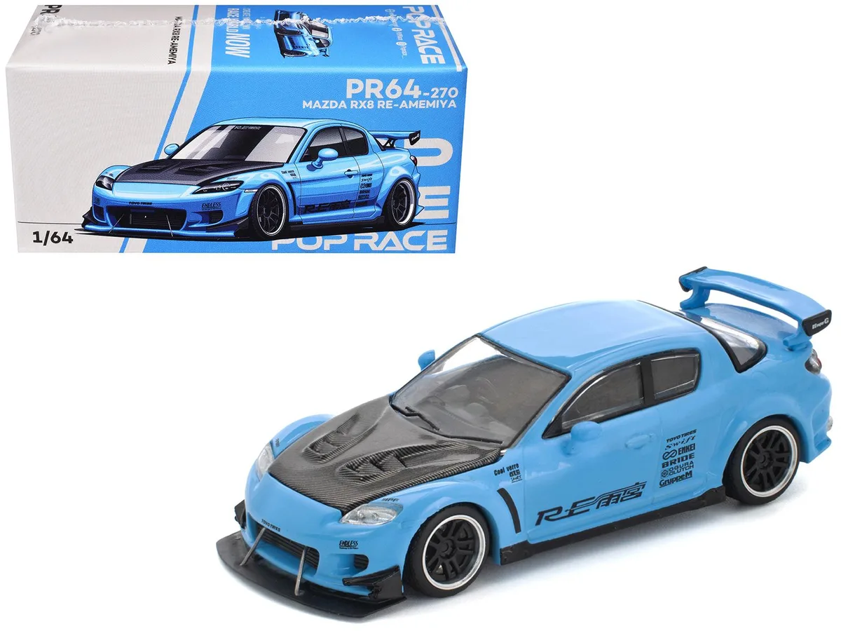 Pop Race Pop Race Mazda RX8 RE-Amemiya Widebody RHD Light Blue Carbon Hood 1/64 Diecast Car — product photo