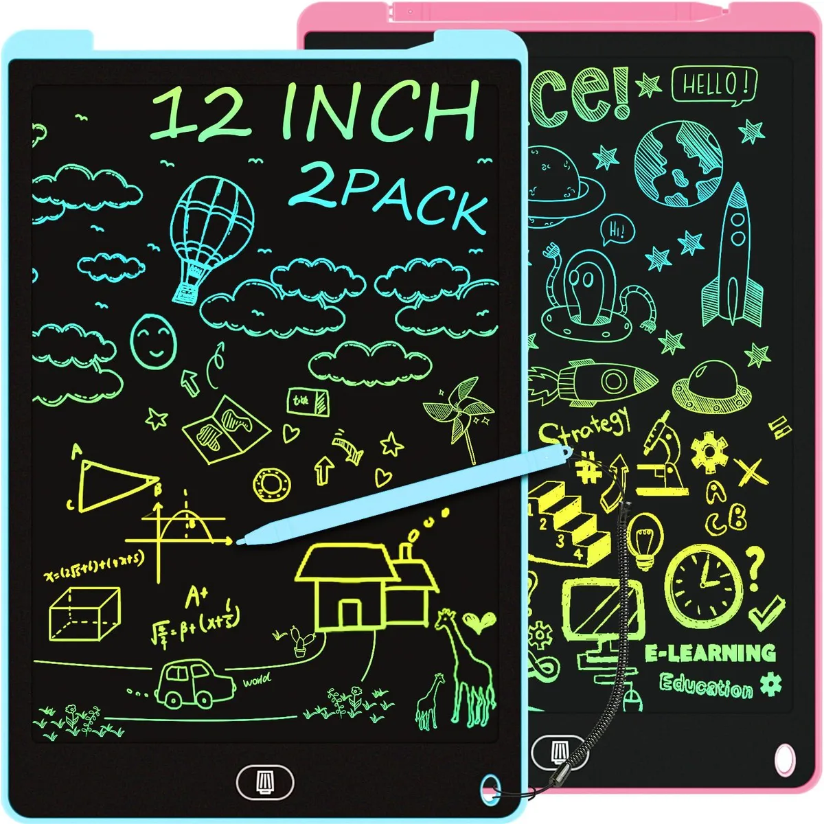 Two slim 12 inch LCD doodle boards in pink and blue with pressure-sensitive screens and lock buttons