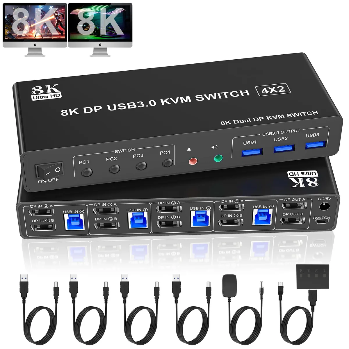 Vszerda Vszerda DP402B-USB3.0-8K-HPZ 8K@60Hz 4-port dual-monitor KVM switch — product photo