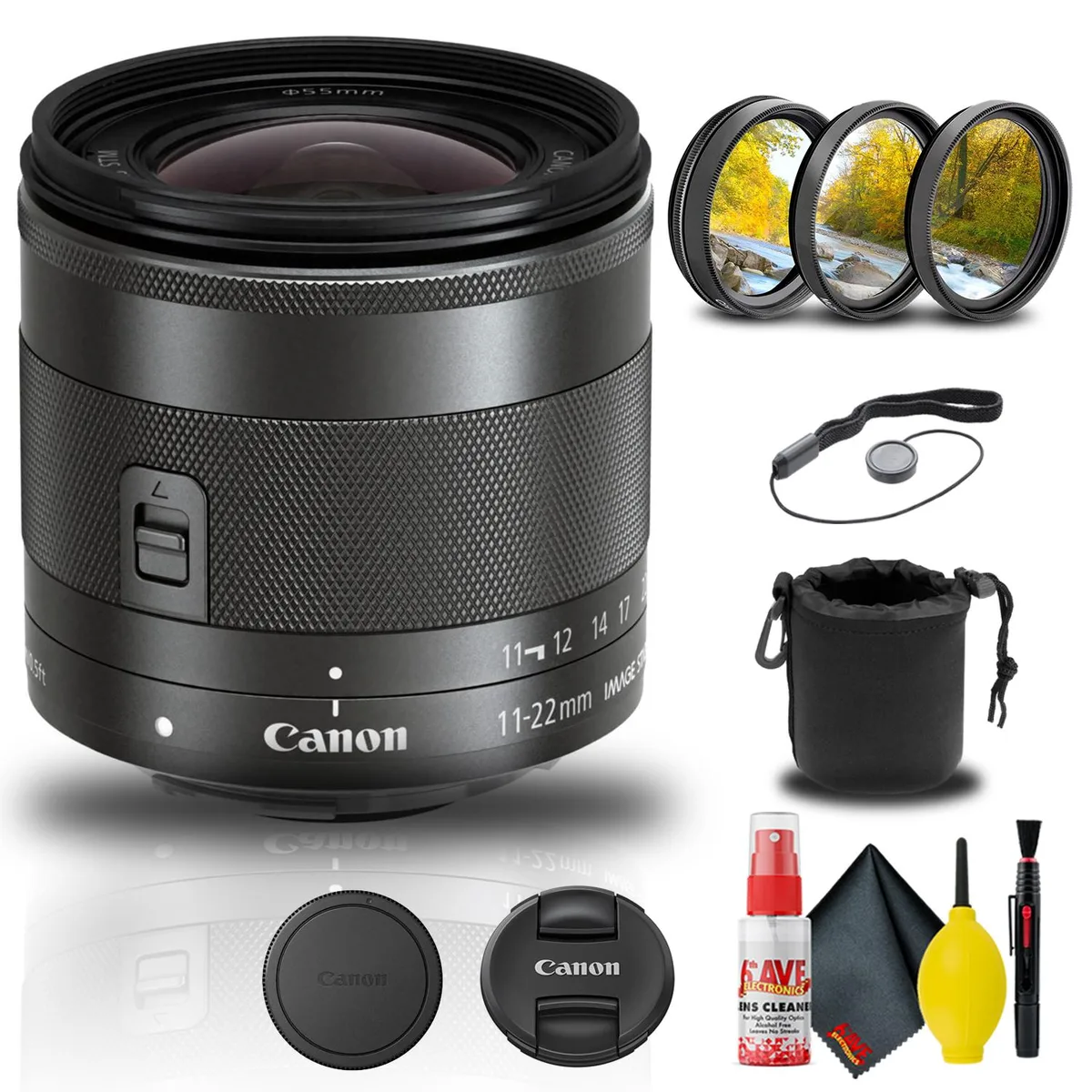 Canon Canon EF-M 11-22mm f/4-5.6 IS STM Lens + Filter Kit + Pouch + Cleaning Kit — product photo