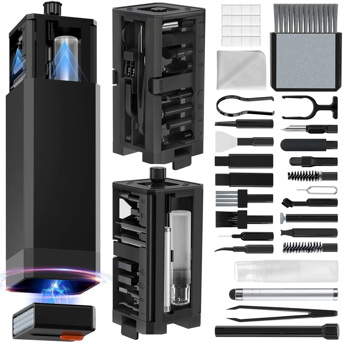 Black 34-in-1 electronics cleaning kit in portable case