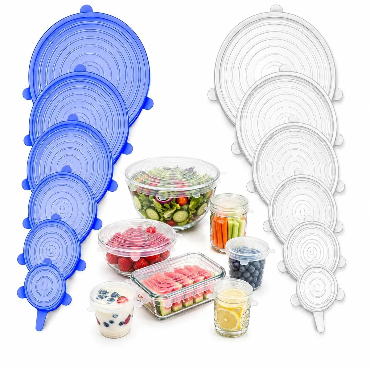 Six blue silicone stretch lids in various sizes from 6.5 to 20 cm