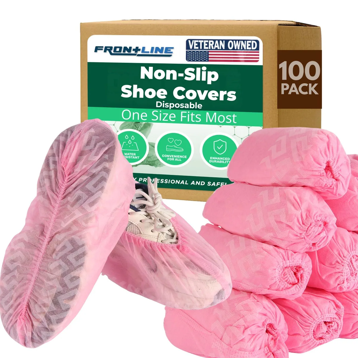 Pink disposable non-slip shoe covers, 100 pack, one size fits most