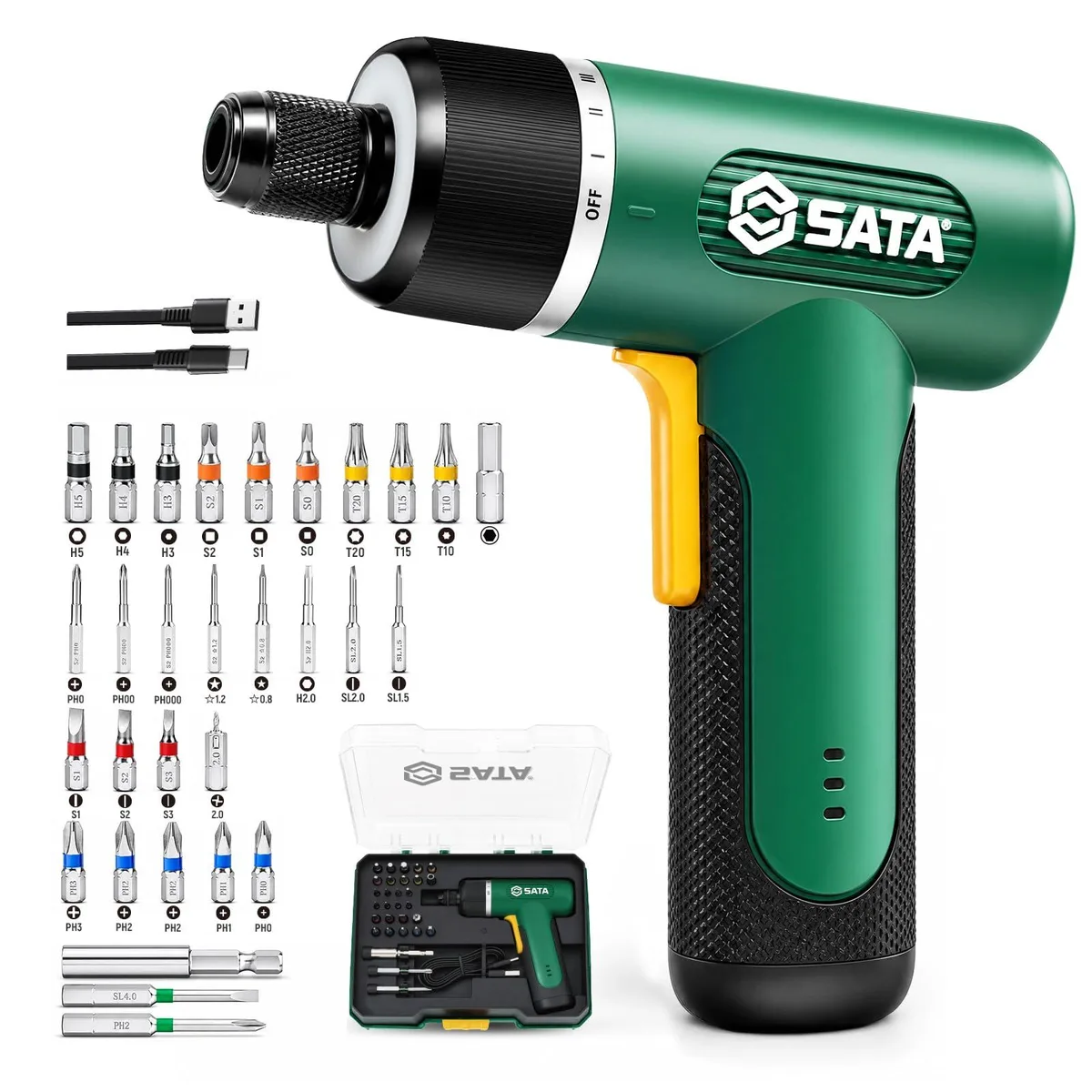 SATA cordless electric screwdriver with USB-C cable and bit set in storage case