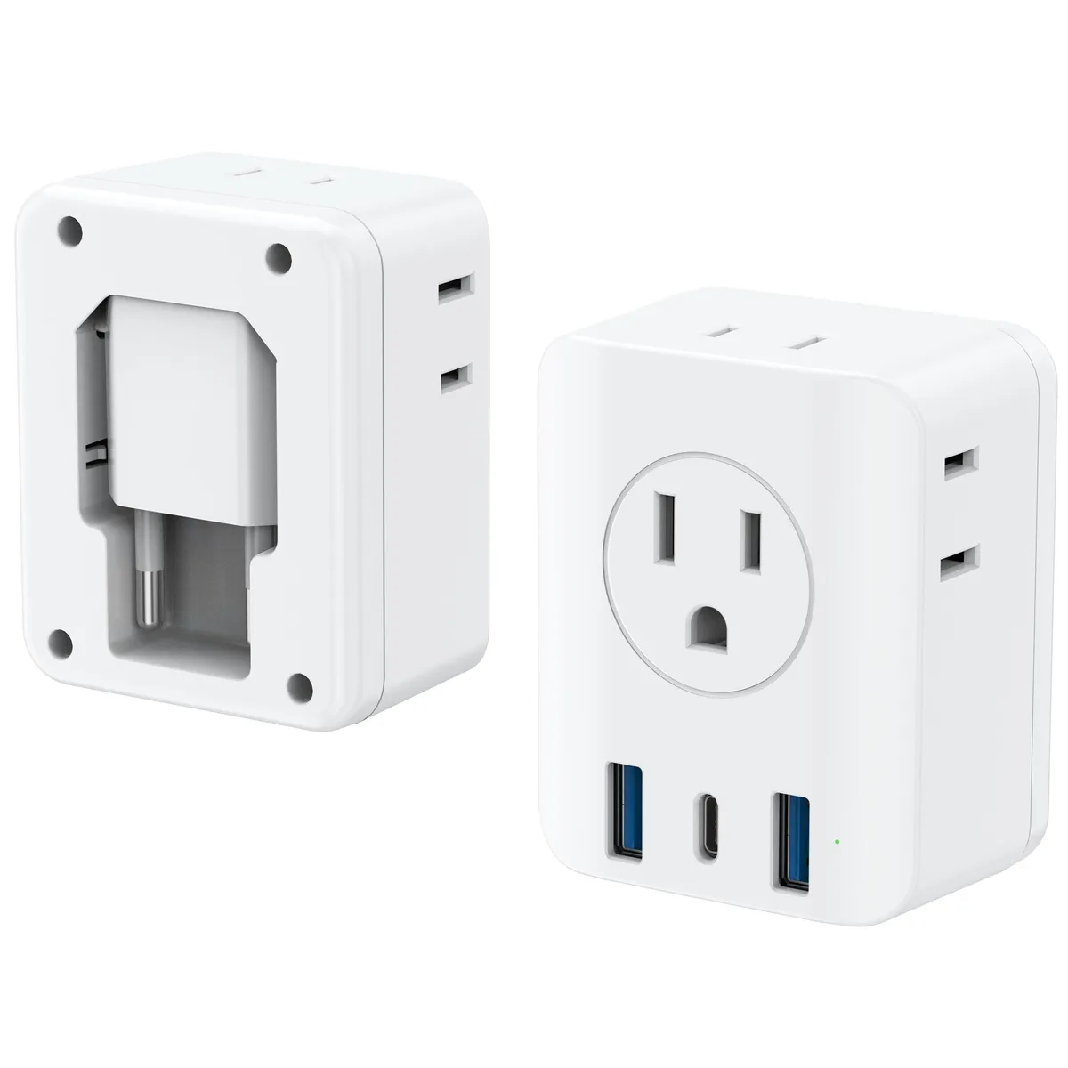 Two white foldable Type C travel adapters with four AC outlets and three USB ports