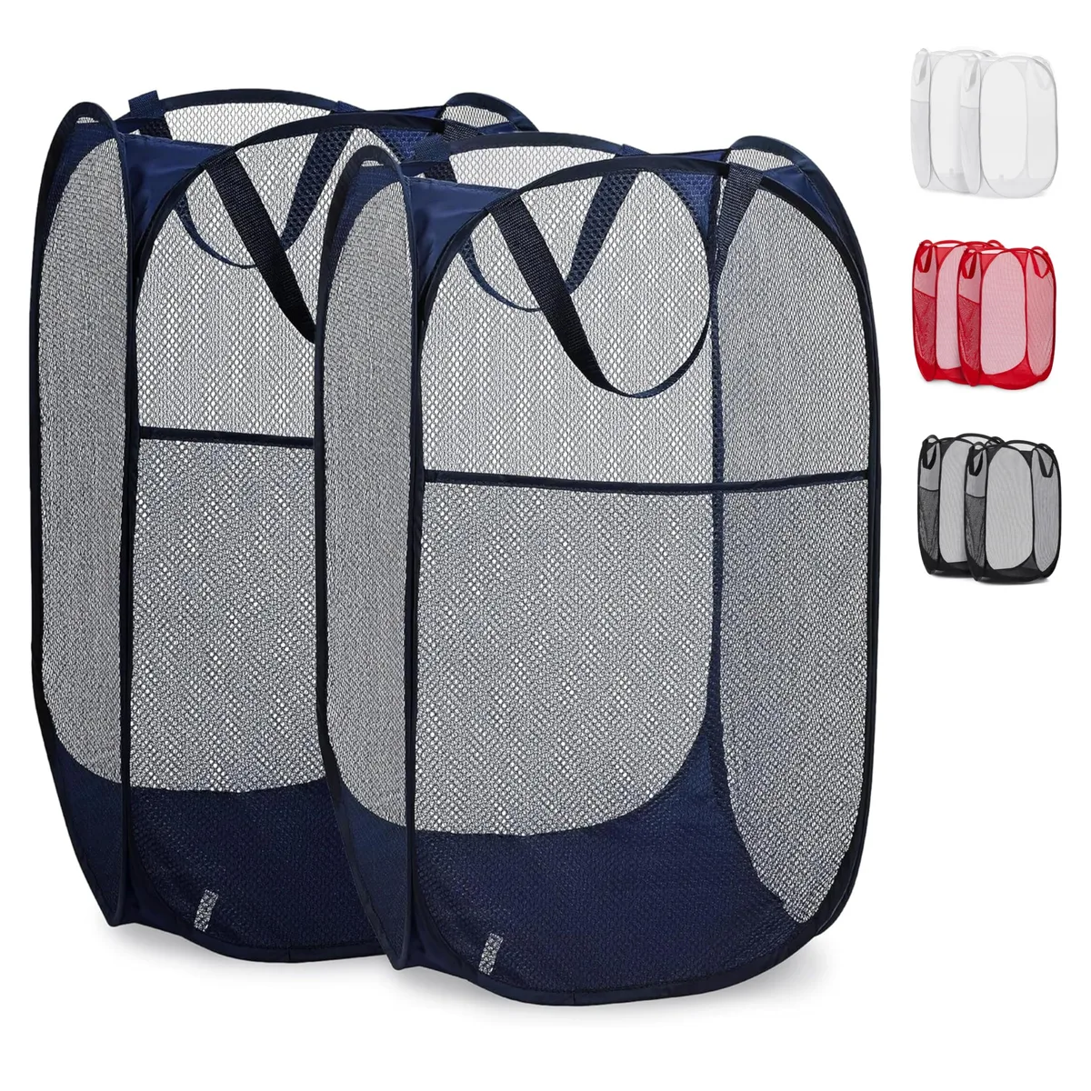 Two blue collapsible mesh laundry hampers with side pockets, folded flat and popped open