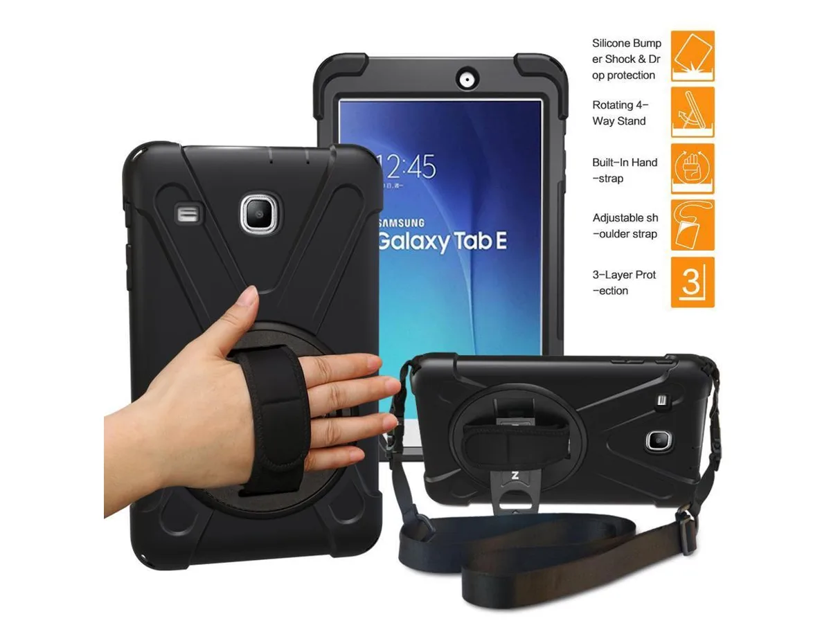 Black shockproof tablet case with rotatable kickstand, hand strap and adjustable shoulder strap