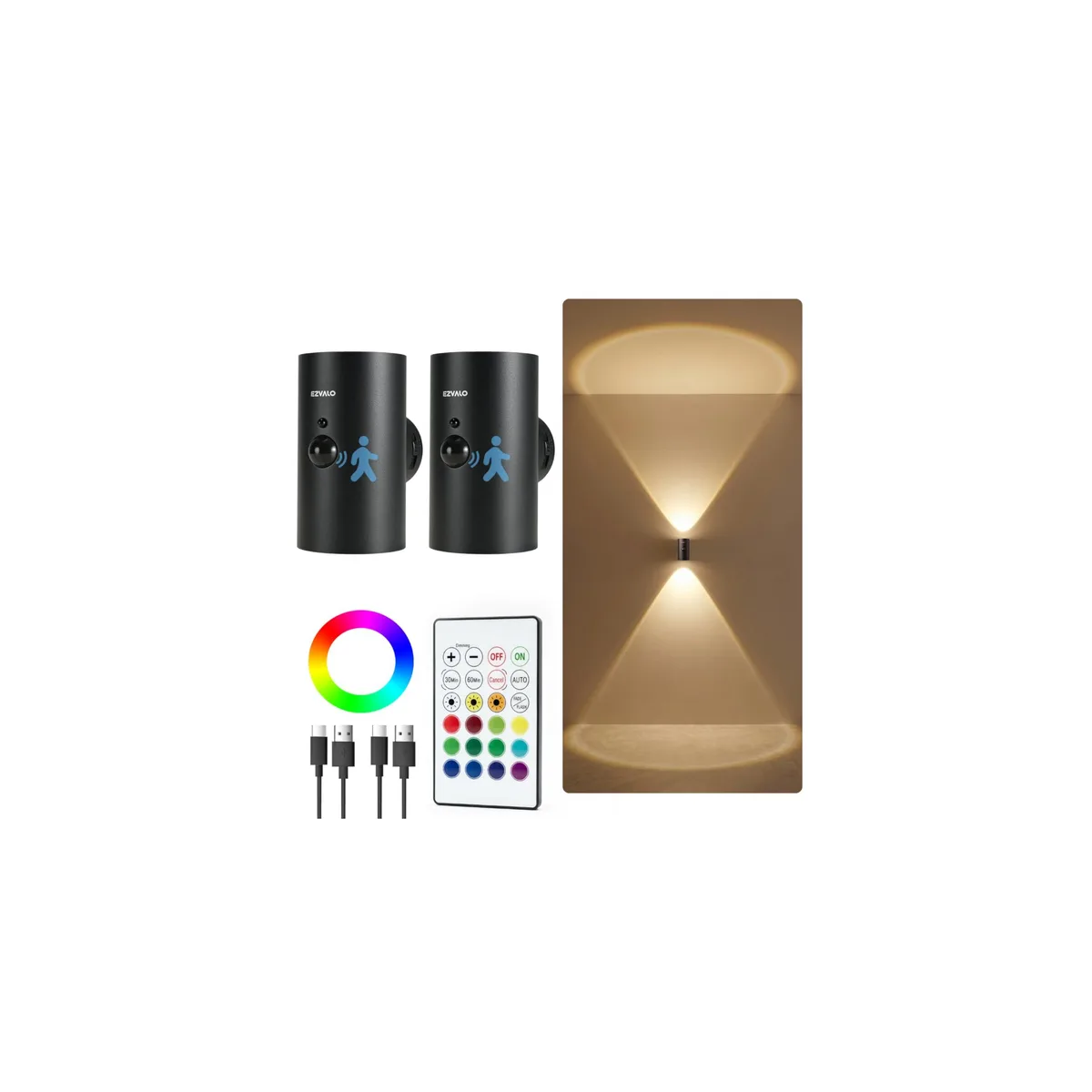  EZVALO WL10 Wall Sconce 4000mAh RGB 3 CCT Remote 2 Pack Black — product photo