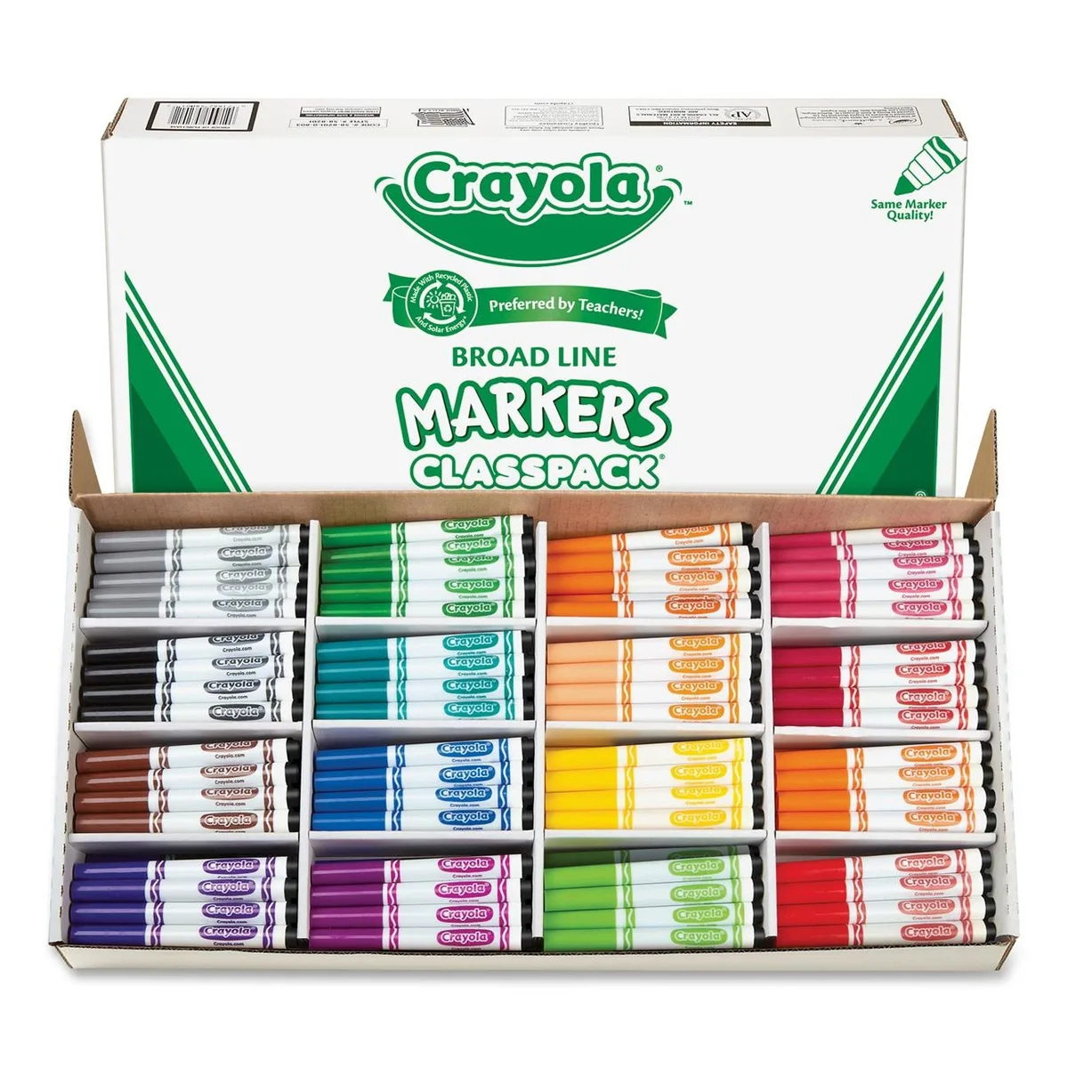 Cardboard box of 256 Crayola broad-tip markers in 16 assorted colours with six plastic storage bins