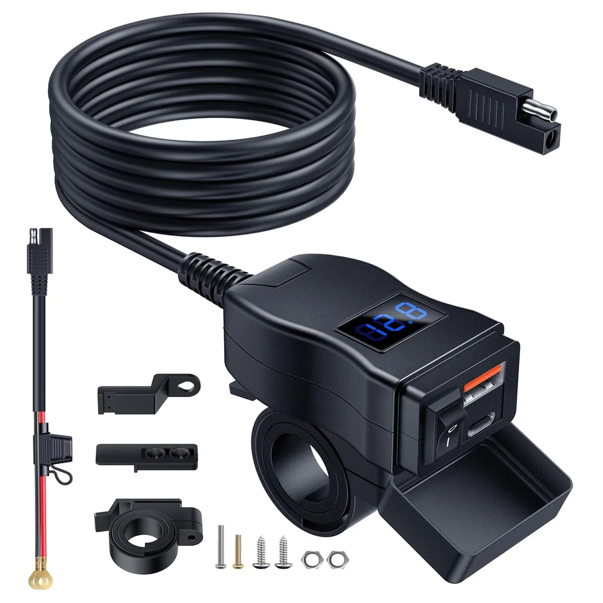 Black rectangular motorcycle USB charger with SAE connector, dual USB-A and USB-C ports, LED voltmeter display and on/off switch