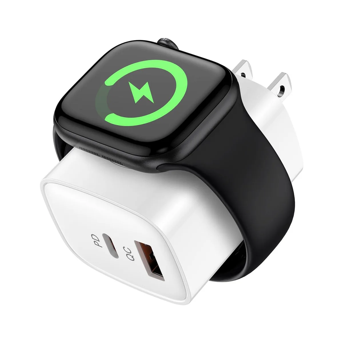 Compact white cube charger with built-in magnetic watch pad, USB-C and USB-A ports