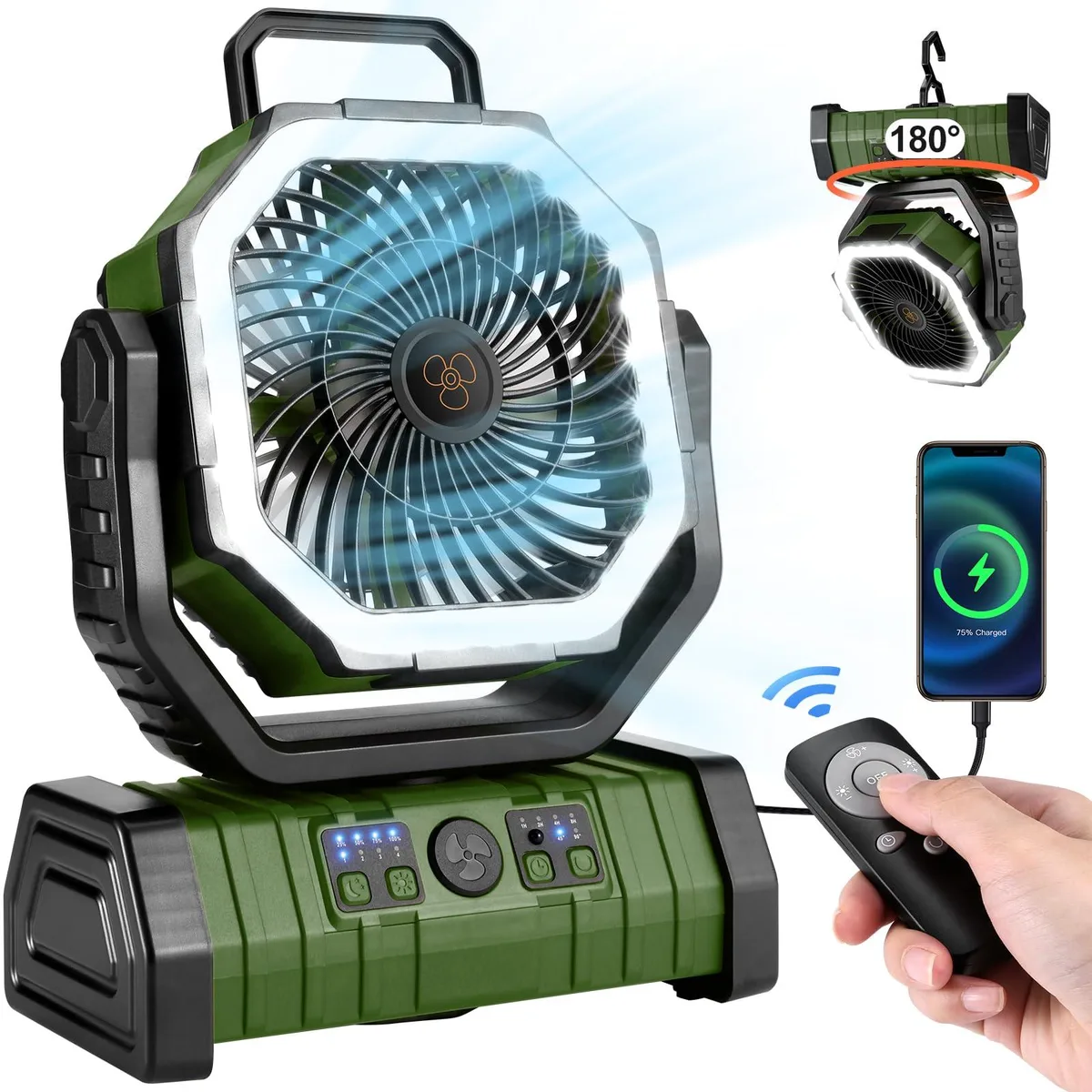 Green portable camping fan with silver five-blade head, integrated LED lantern on top, hook and remote control included