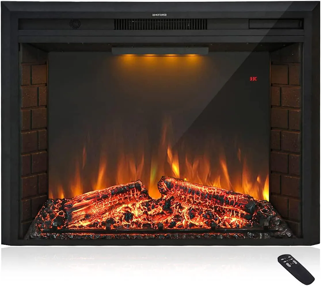 Black rectangular electric fireplace insert with glass front, resin logs and ember bed visible inside three-sided brick interior