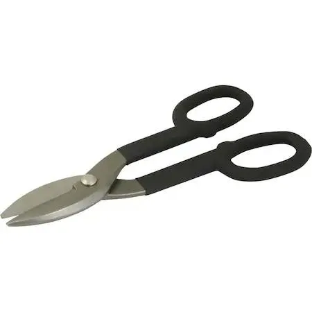 Yellow-handled 10-inch tin snips with straight metal blades