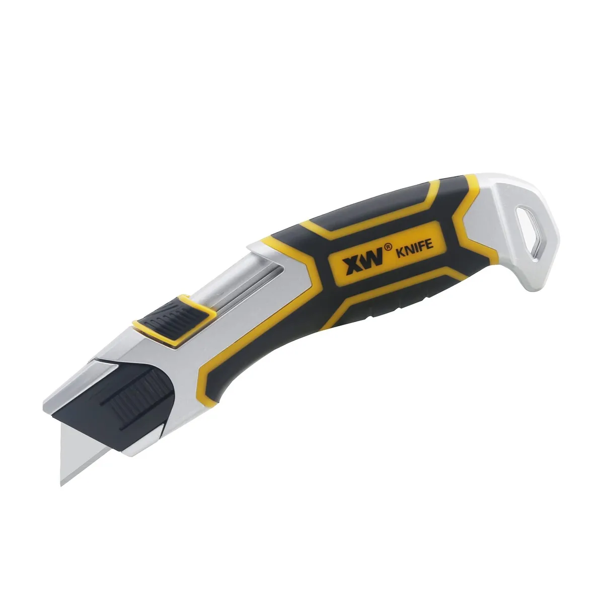 Black auto-retractable utility knife, 6.89 inches, zinc alloy body with TPR grip, slider extended, spare blades stored in handle