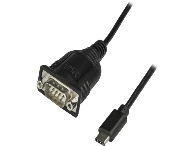 Black USB-C to DB9 serial adapter cable with straight-through connector