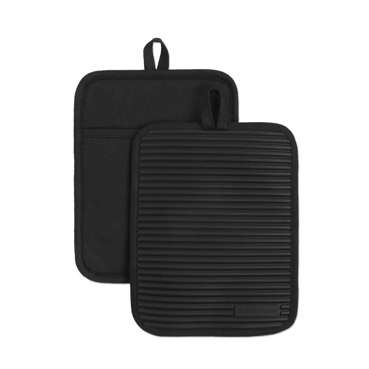 Two matte-black silicone pot holders with ribbed texture and cotton backs, 7 by 9 inches each