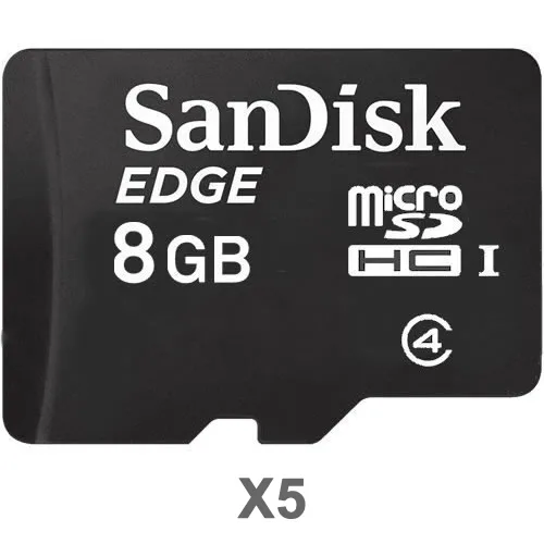 Five small microSDHC cards in plastic packaging