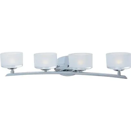 Four-light polished chrome vanity light 29 inches wide with frosted glass shades