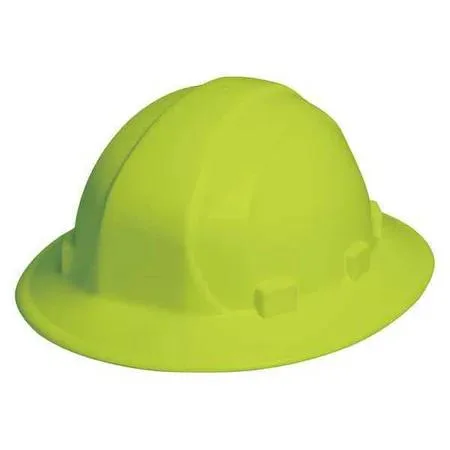 Hi-vis lime full-brim hard hat, polyethylene shell, six-point pinlock suspension