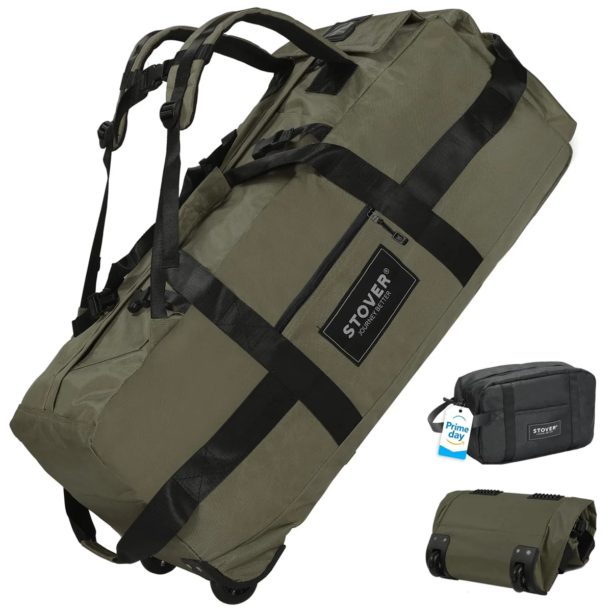 Green rectangular rolling duffel bag with wheels, retractable handle and backpack straps