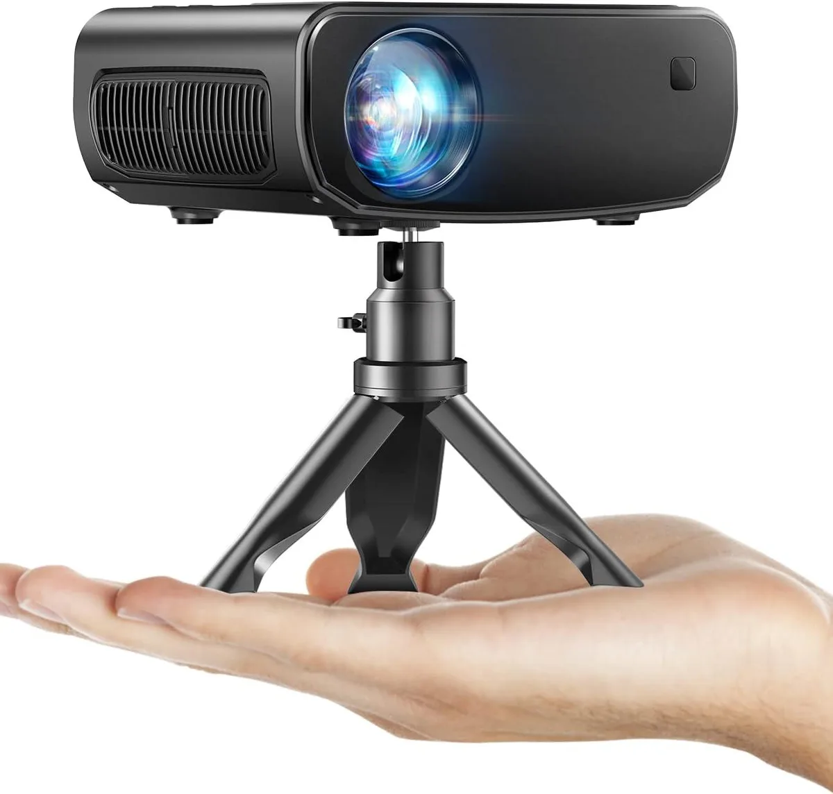 Compact silver mini projector with fold-out tripod and black carry bag