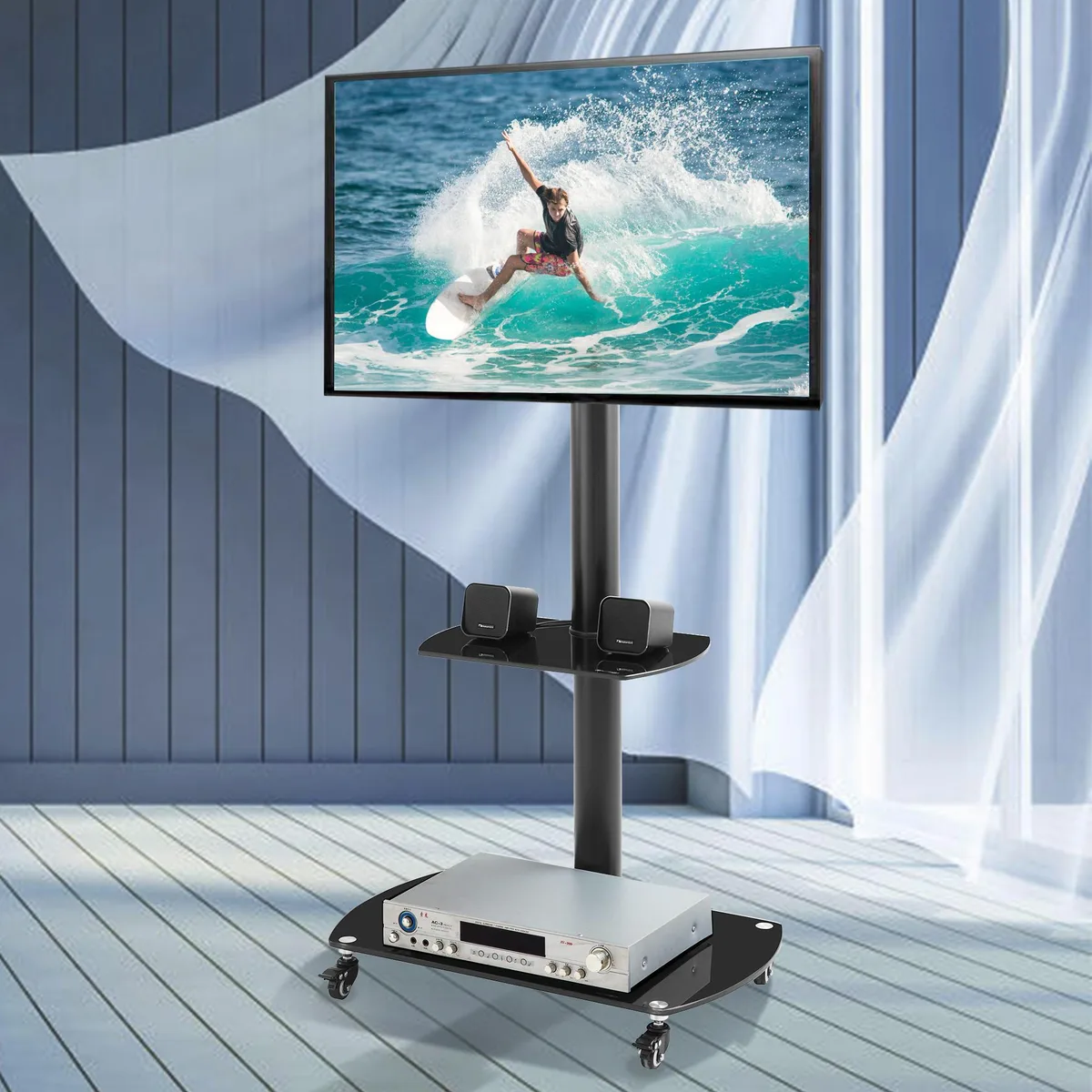 tuphen tuphen Mobile TV Stand 32-65" Black Glass 2-Tier Lockable Wheels — product photo