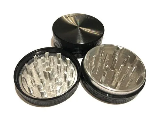 Black 2.5 inch two-piece aluminium herb grinder with hard top