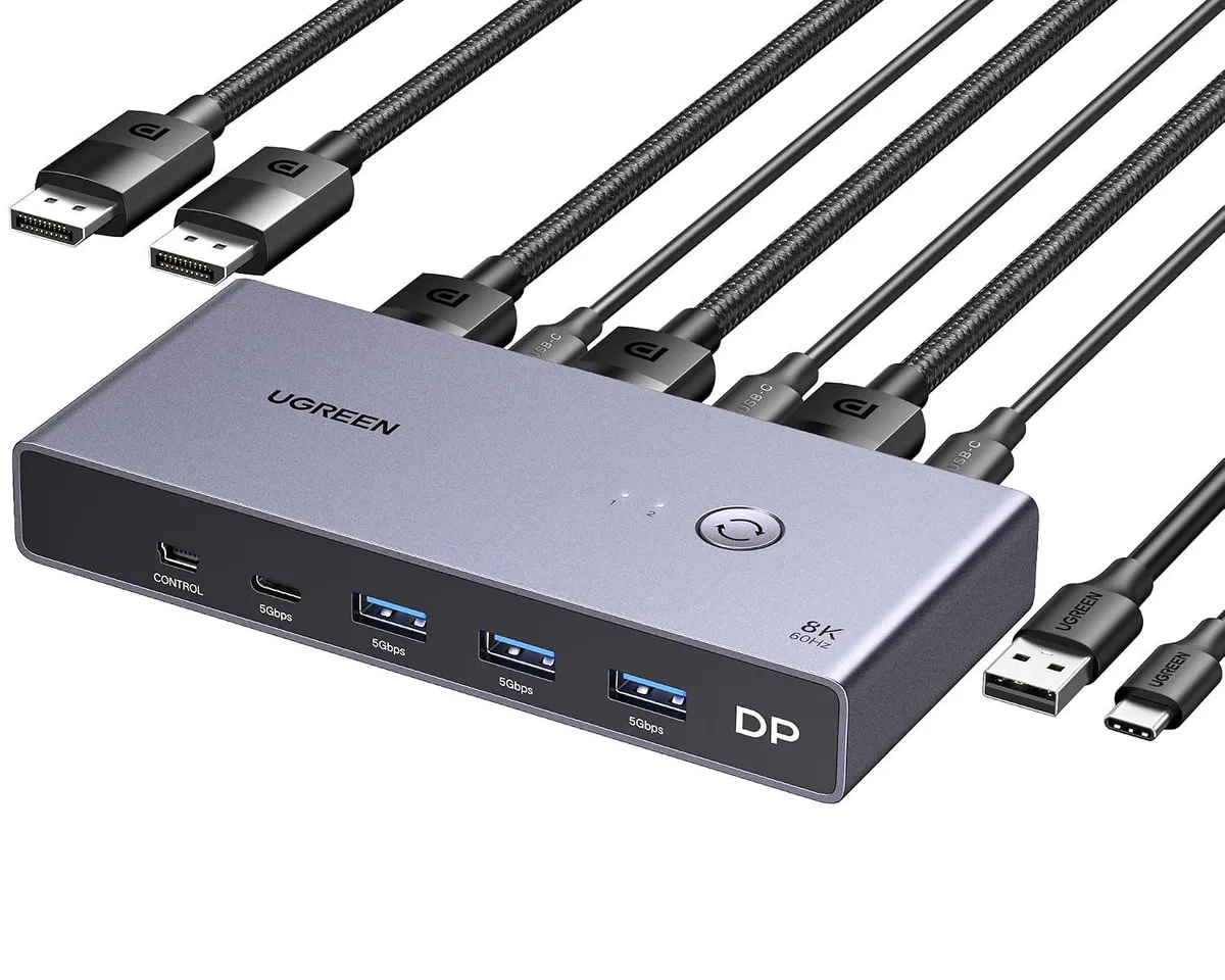 GCROWN GCROWN DisplayPort 1.4 KVM Switch 8K 60Hz 4K 240Hz 4 USB 3.0 2 Cables — product photo