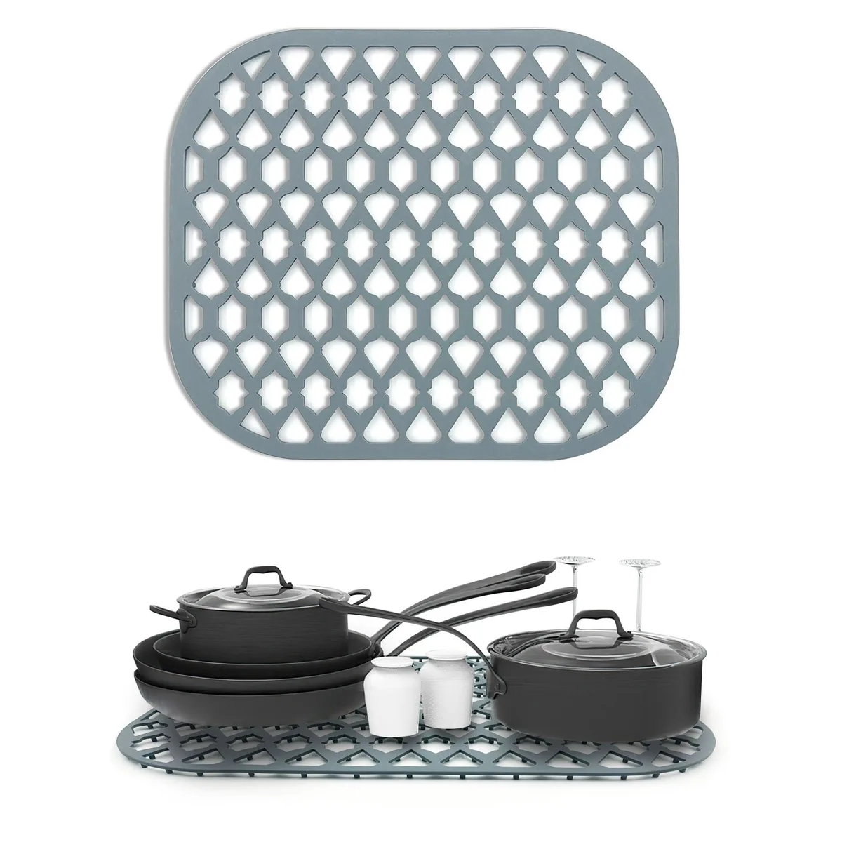 Two rectangular silicone sink mats 13 by 11 inches with raised grid pattern