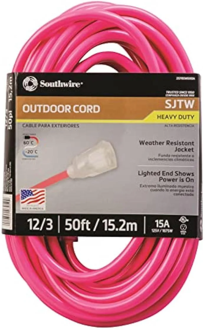 Fluorescent pink 50ft 12/3 SJTW outdoor extension cord with reinforced blades