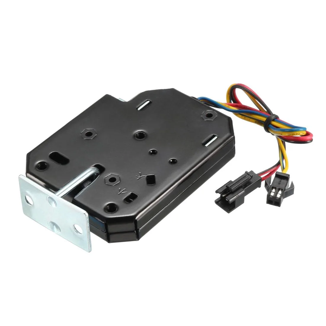 Rectangular silver metal solenoid lock body 73 by 58 by 13 mm with two red and black wires