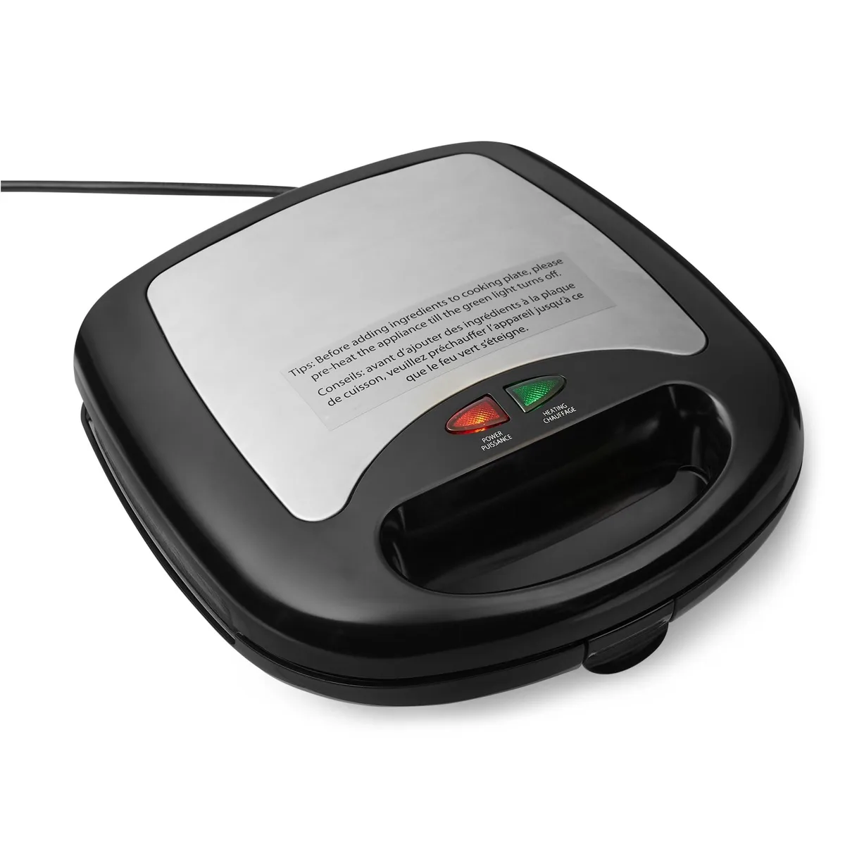 Black 3-in-1 waffle maker with interchangeable ceramic plates and cool-touch handle