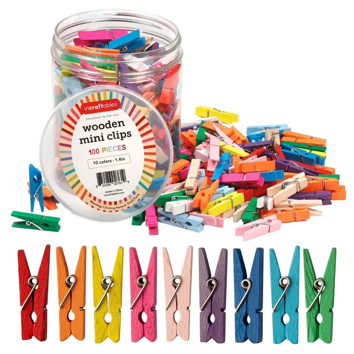 One hundred small wooden clothespins in assorted colours, each with a metal spring