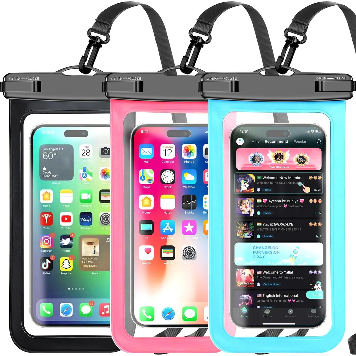  Famoby 3 Pack Multicolor Waterproof Phone Pouch IP68 8.3" Black Blue Pink — product photo