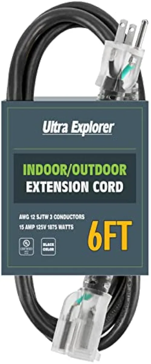 TAURKENAM TAURKENAM 6 ft lighted outdoor extension cord 12/3 SJTW 15A power adapter — product photo