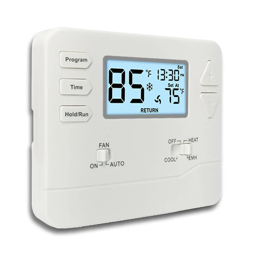 Five white rectangular wall-mount thermostats with LCD screens and push buttons
