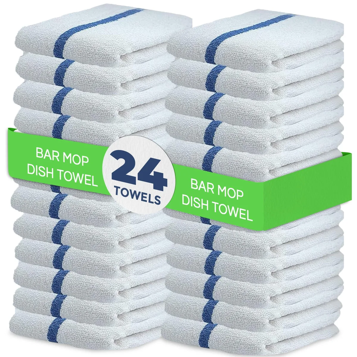 Stack of white cotton bar mop towels, 16 by 19 inches, 24 pack