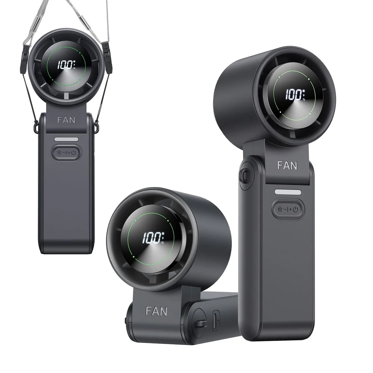 Black foldable handheld fan with plastic finish and LED display