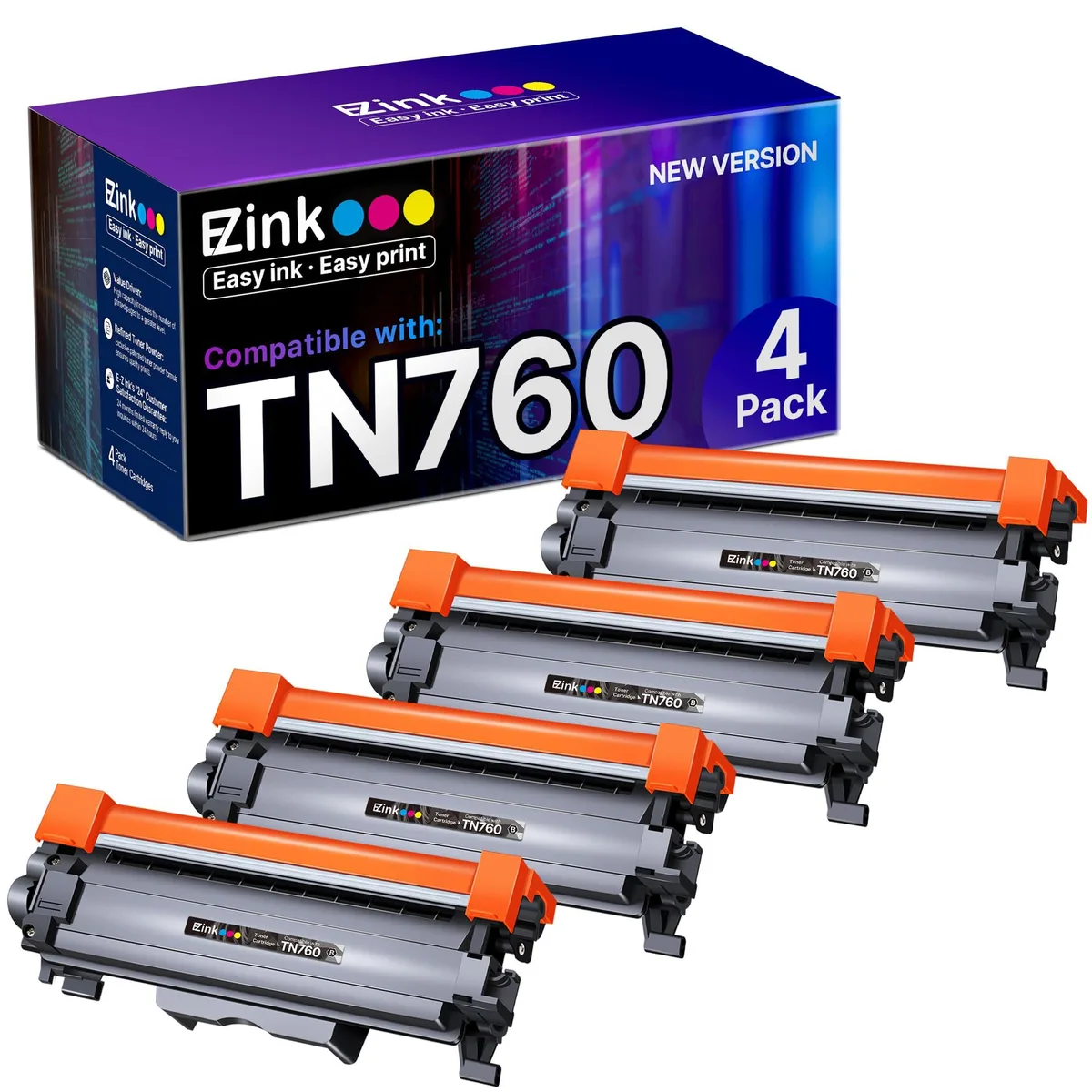 Four black rectangular toner cartridges in a white box