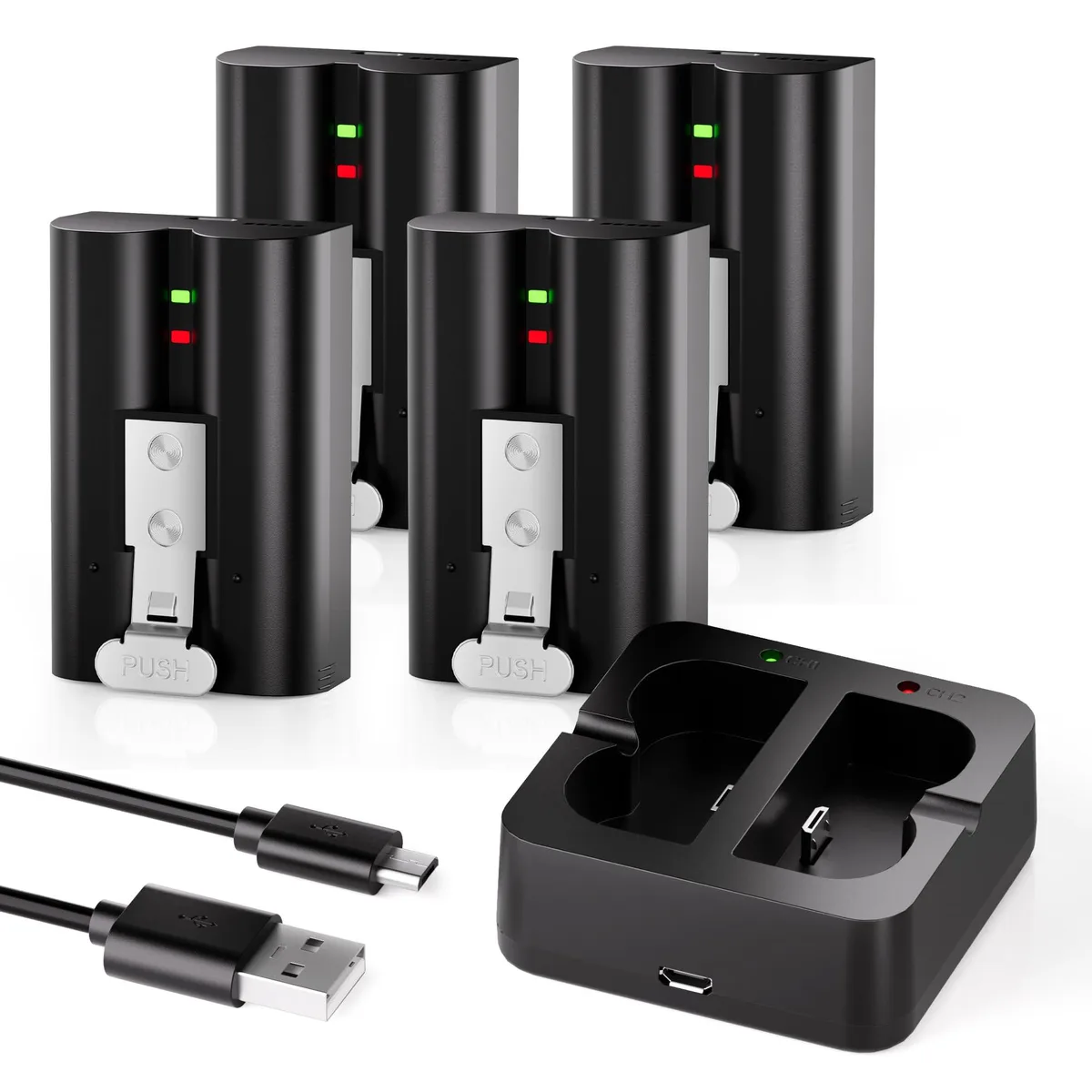 Four rectangular lithium-ion camera batteries with Micro-USB ports