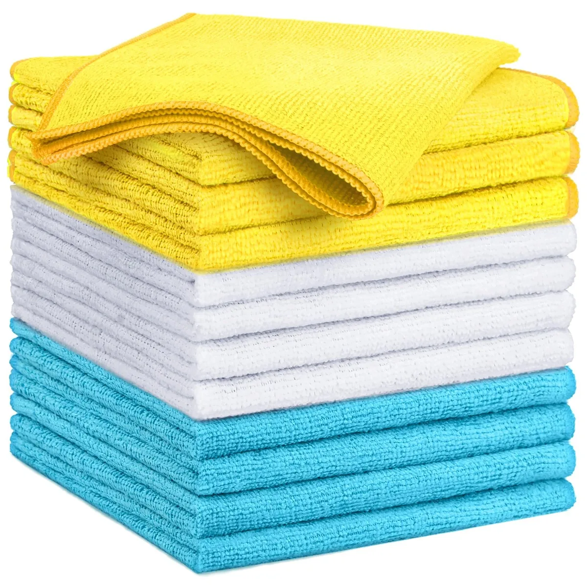 Twelve folded microfibre cloths in a colourful box, each 14 by 12 inches