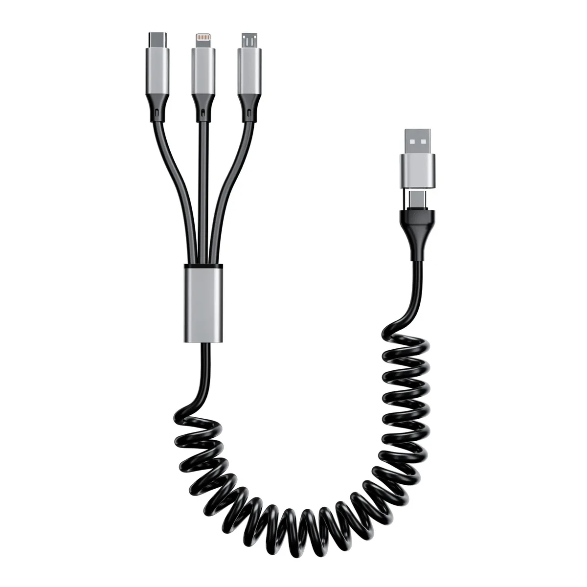 Black coiled 5-in-1 charging cable with USB-A, USB-C, Lightning, Type-C and Micro-USB connectors