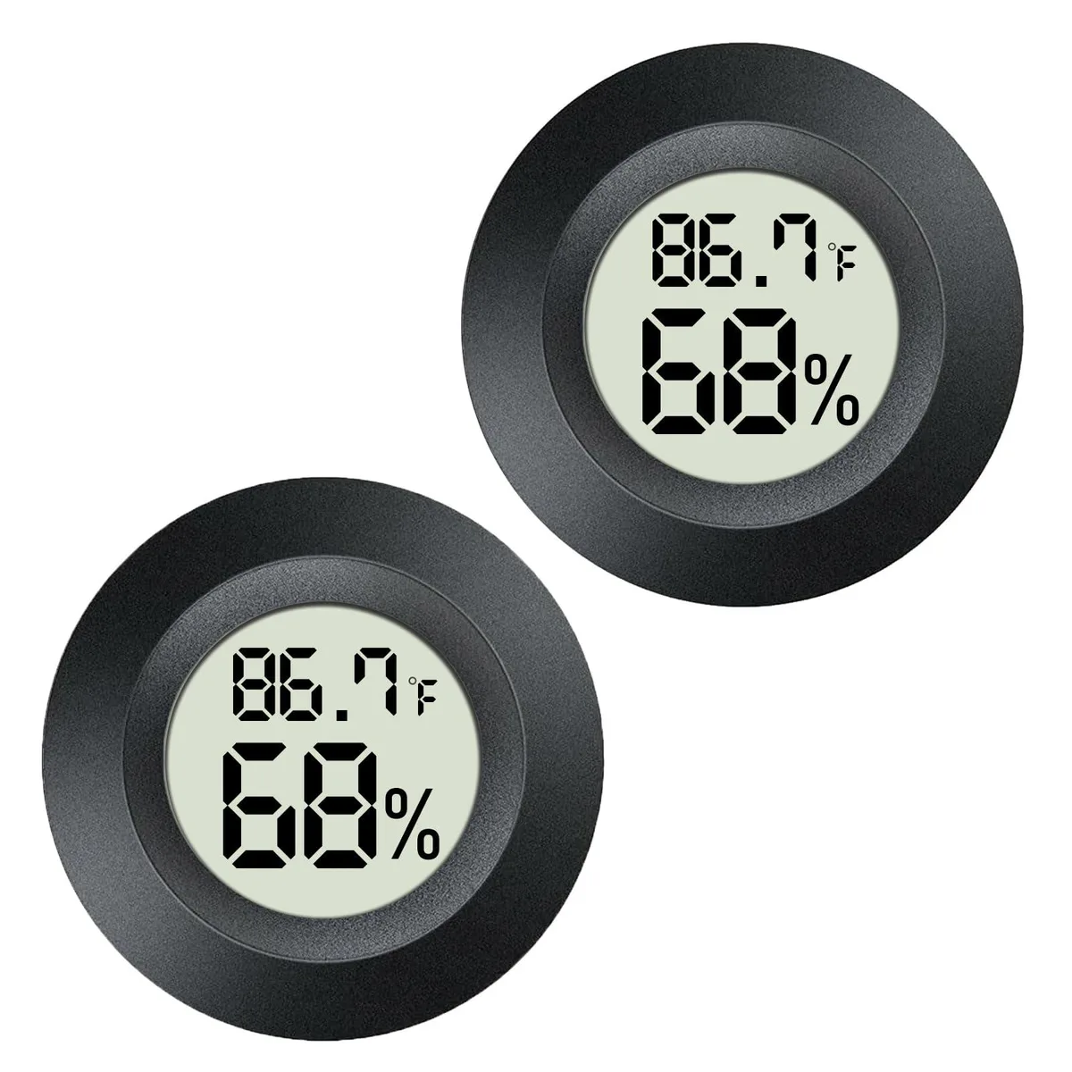 Two small black square hygrometers with LCD screens, each about 1.7 inches wide and half an inch thick, shown side by side