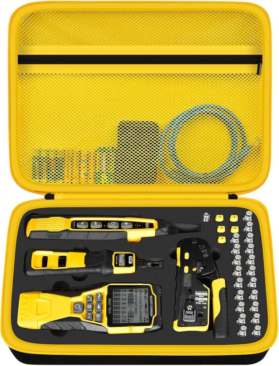 Yellow zippered hard-shell tool bag with moulded EVA interior and carry handle