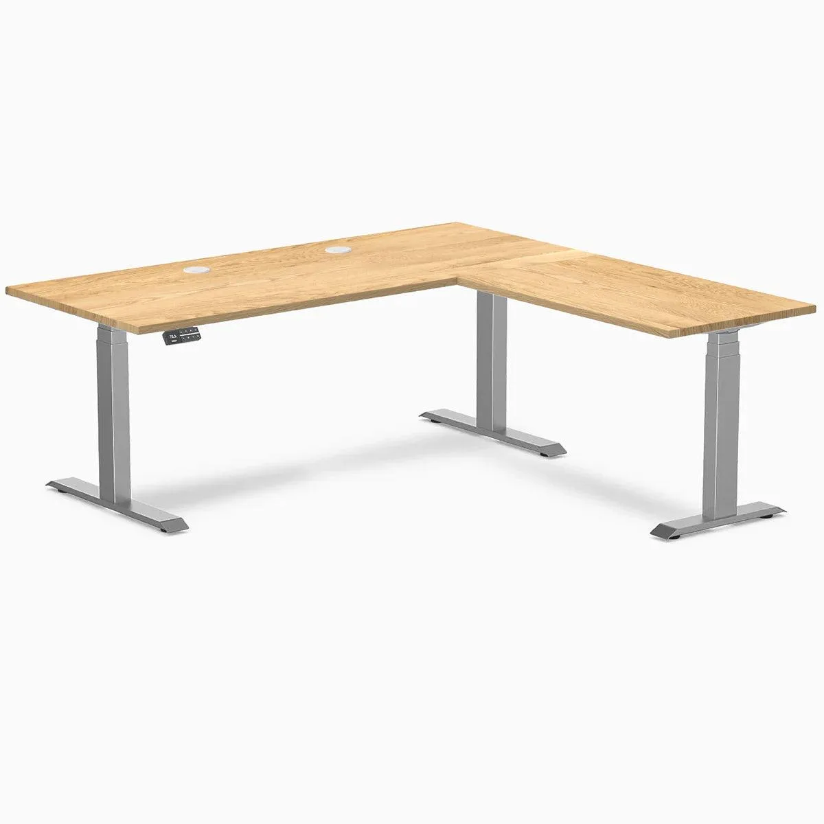 Desky Desky Hardwood L-Shape Sit Stand Desk White Oak Space Gray 72x30x70x24 in with Grommets — product photo