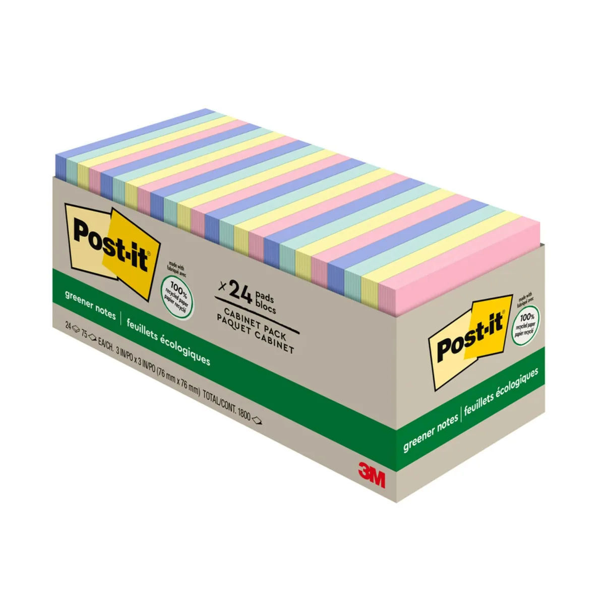 Cardboard box holding 24 square pastel sticky-note pads, 3 by 3 inches each