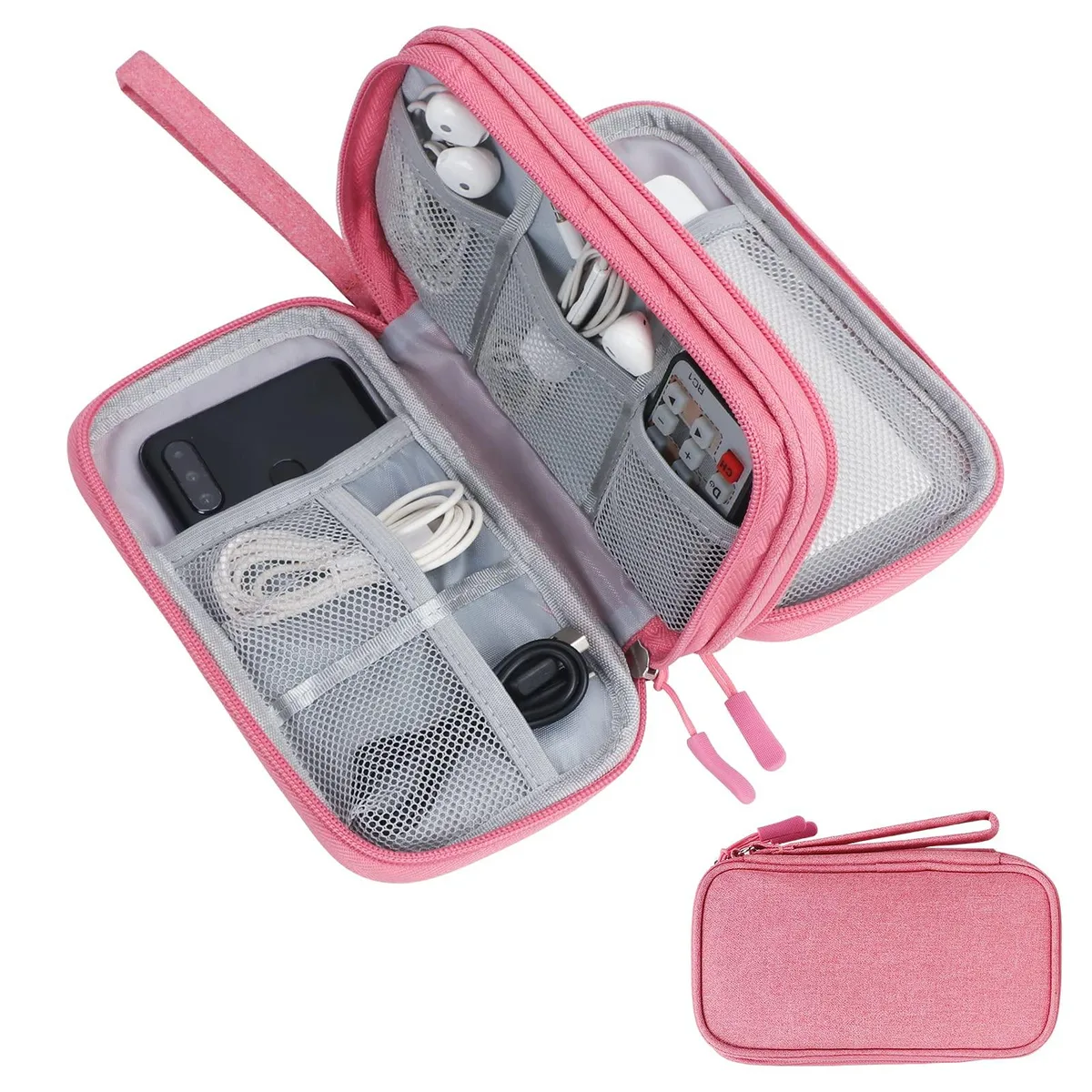 Pink rectangular travel cable organizer with zipper and web handle