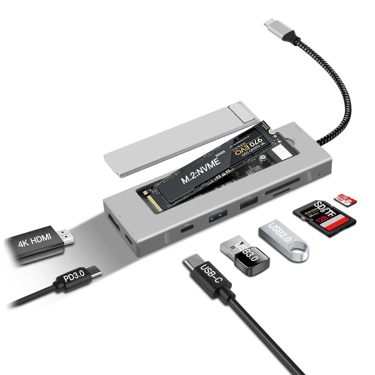 fenvi fenvi USB-C 8in1 HUB modular adapter 10Gbps 4K HDMI 100W PD M.2 NVMe SATA 2242 2260 2280 — product photo